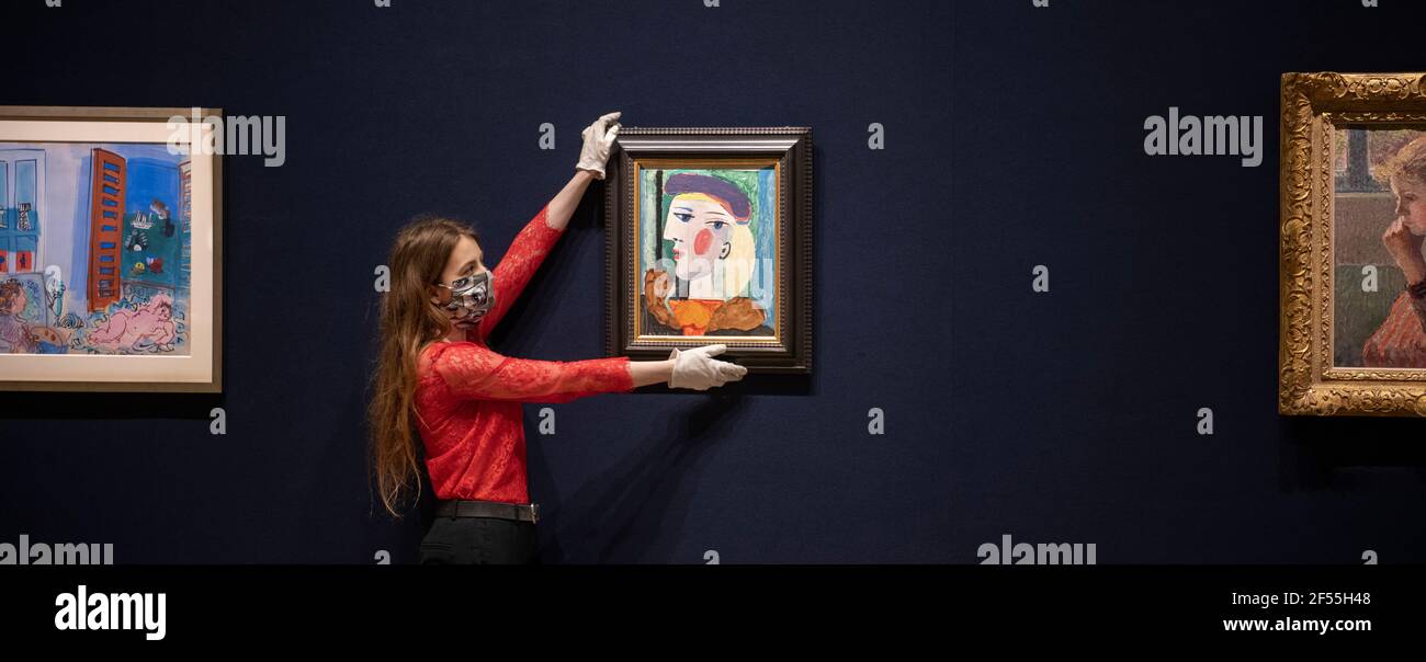 Bonhams, Londres, Royaume-Uni. 24 mars 2021. Un grand portrait Picasso qui n'a pas été vu depuis près de 40 ans, femme au Béret mauve, estimation 10,000,000-15,000,000, sera offert à la vente de Bonhams Impressionniste et d'Art moderne à New York le jeudi 13 mai. Femme au Béret mauve, peinte en 1937, l’une des années les plus fructueuses de l’artiste au cours de laquelle il produit également Guernica. C'est l'une des nombreuses représentations de Marie-Thérèse Walter peintes au Tremblay-sur-Mauldre. Crédit: Malcolm Park/Alay Banque D'Images