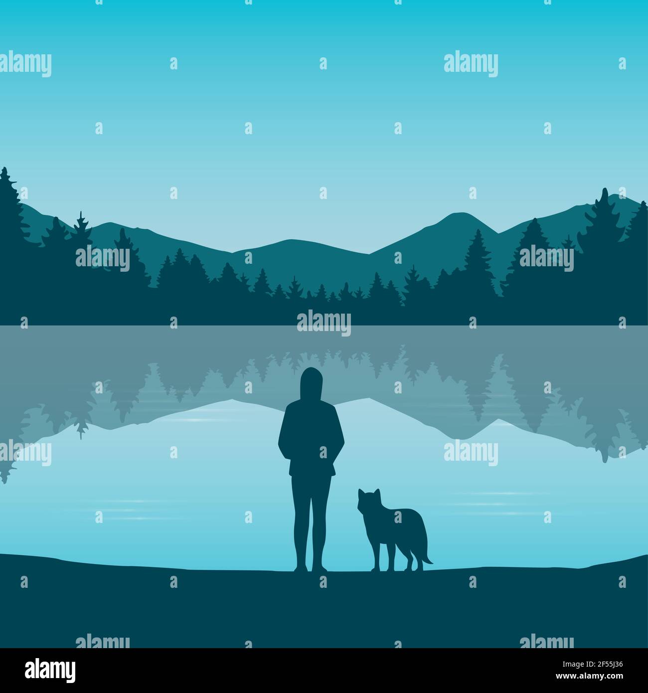 la jeune fille et le chien de wanderlust au bord du lac dans la nature verte Illustration de Vecteur