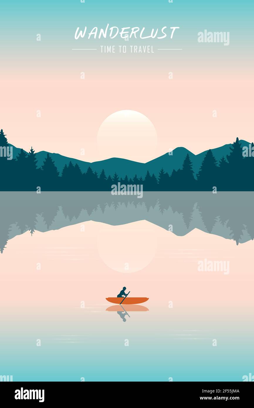 aventure en canoë-kayak avec un bateau rouge sur le lac en été Illustration de Vecteur