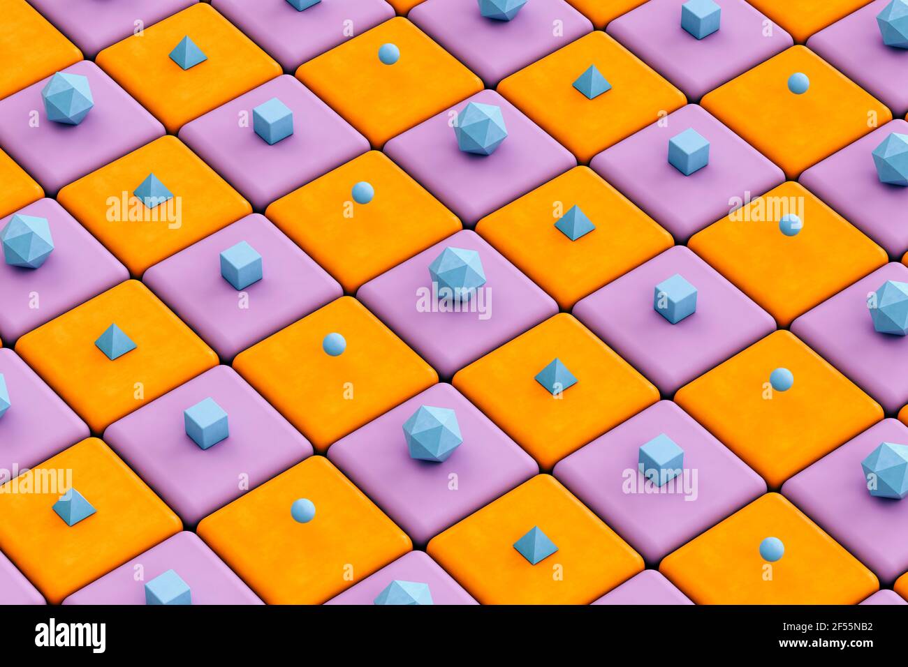Pyramides bleues, cubes et icosaèdre platonique sur fond orange et violet - rendu 3D abstrait Banque D'Images