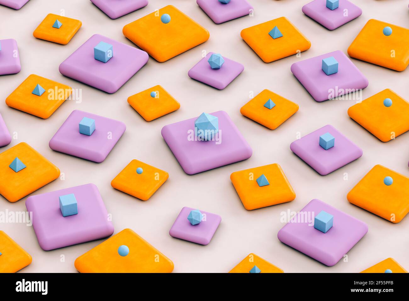 Pyramides bleues, cubes et icosaèdre platonique sur fond orange et violet - rendu 3D abstrait Banque D'Images