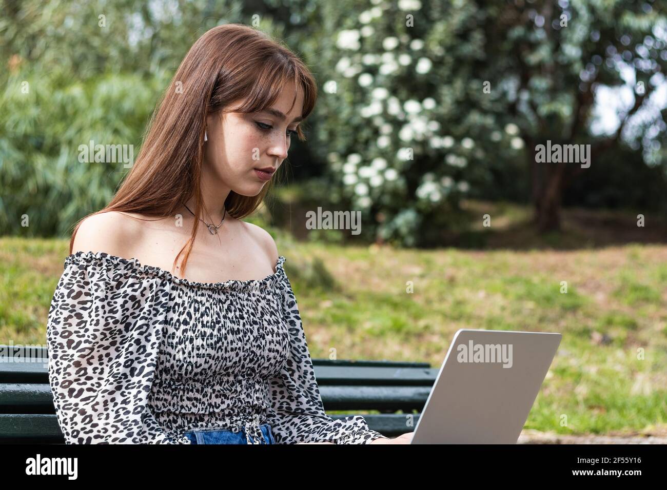 Femme entrepreneur travaillant sur un ordinateur portable assis sur un banc Banque D'Images