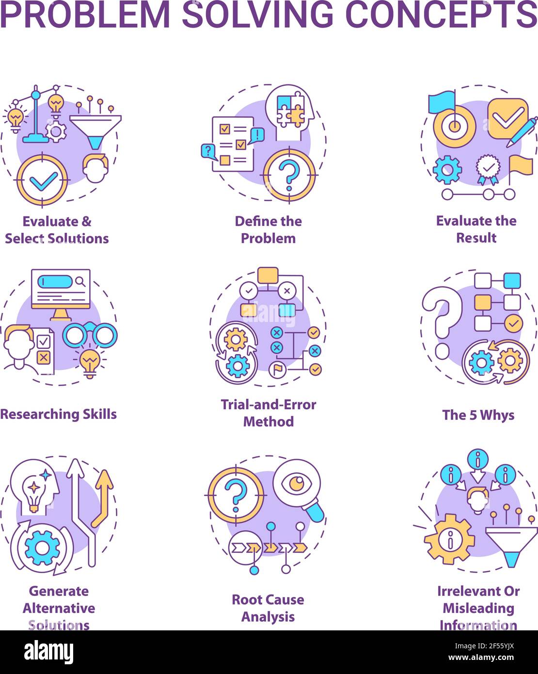 Ensemble d'icônes de concept de résolution de problèmes Illustration de Vecteur