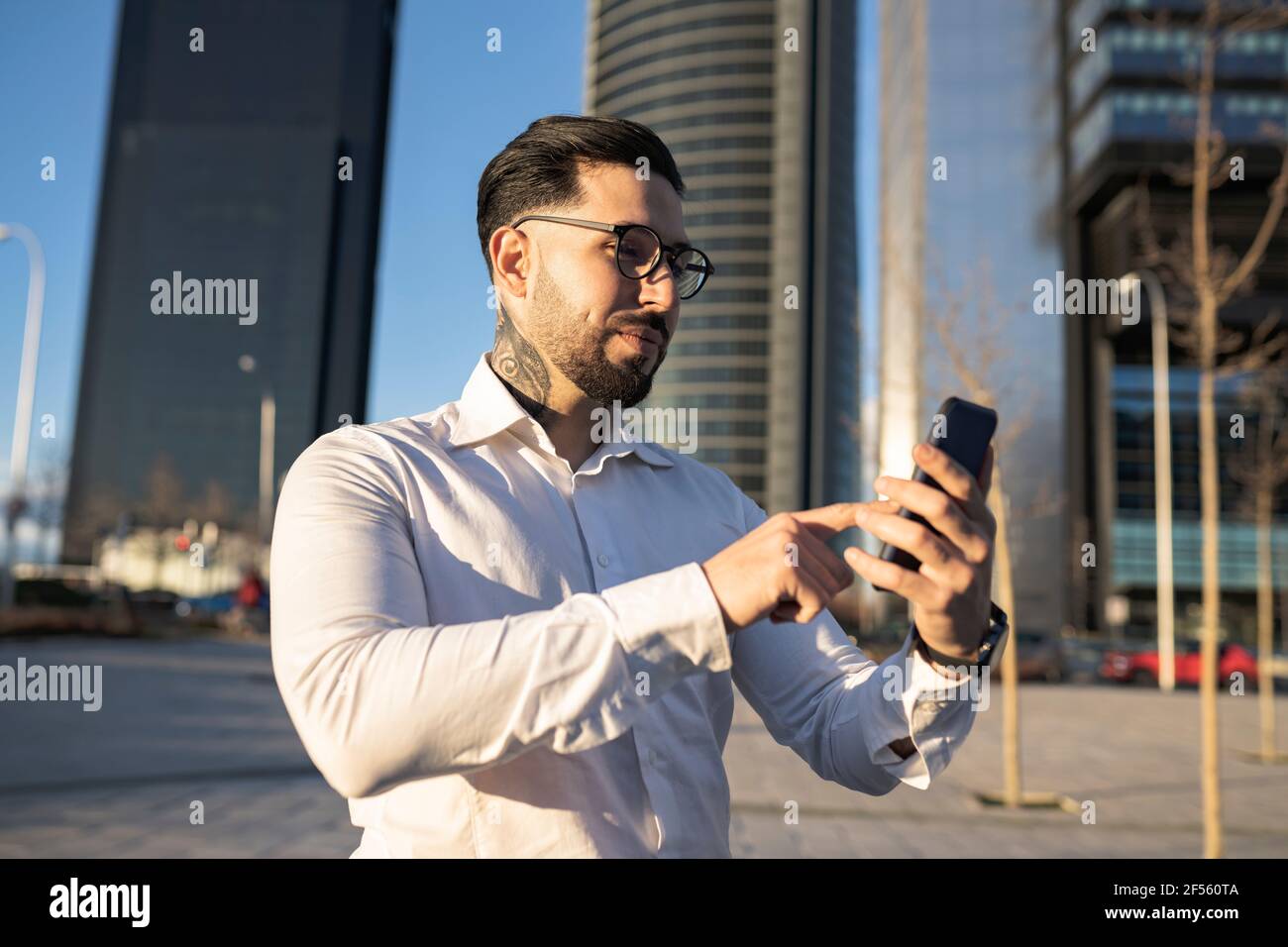 Professionnel de sexe masculin utilisant un téléphone portable Banque D'Images