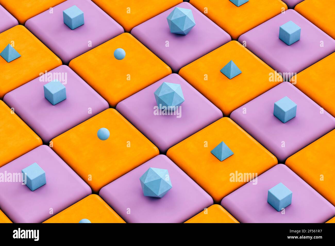 Pyramides bleues, cubes et icosaèdre platonique sur fond orange et violet - rendu 3D abstrait Banque D'Images