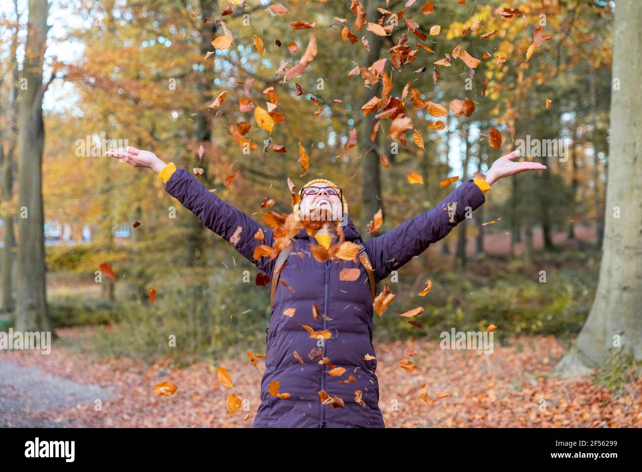 Femme joyeuse jouant avec les feuilles d'automne dans la forêt Banque D'Images