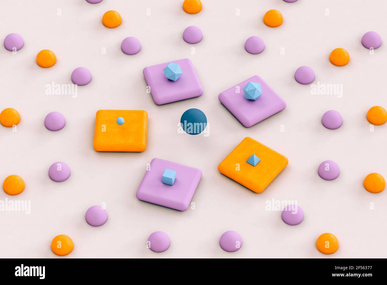 Pyramides bleues, cubes et icosaèdre platonique sur fond orange et violet - rendu 3D abstrait Banque D'Images