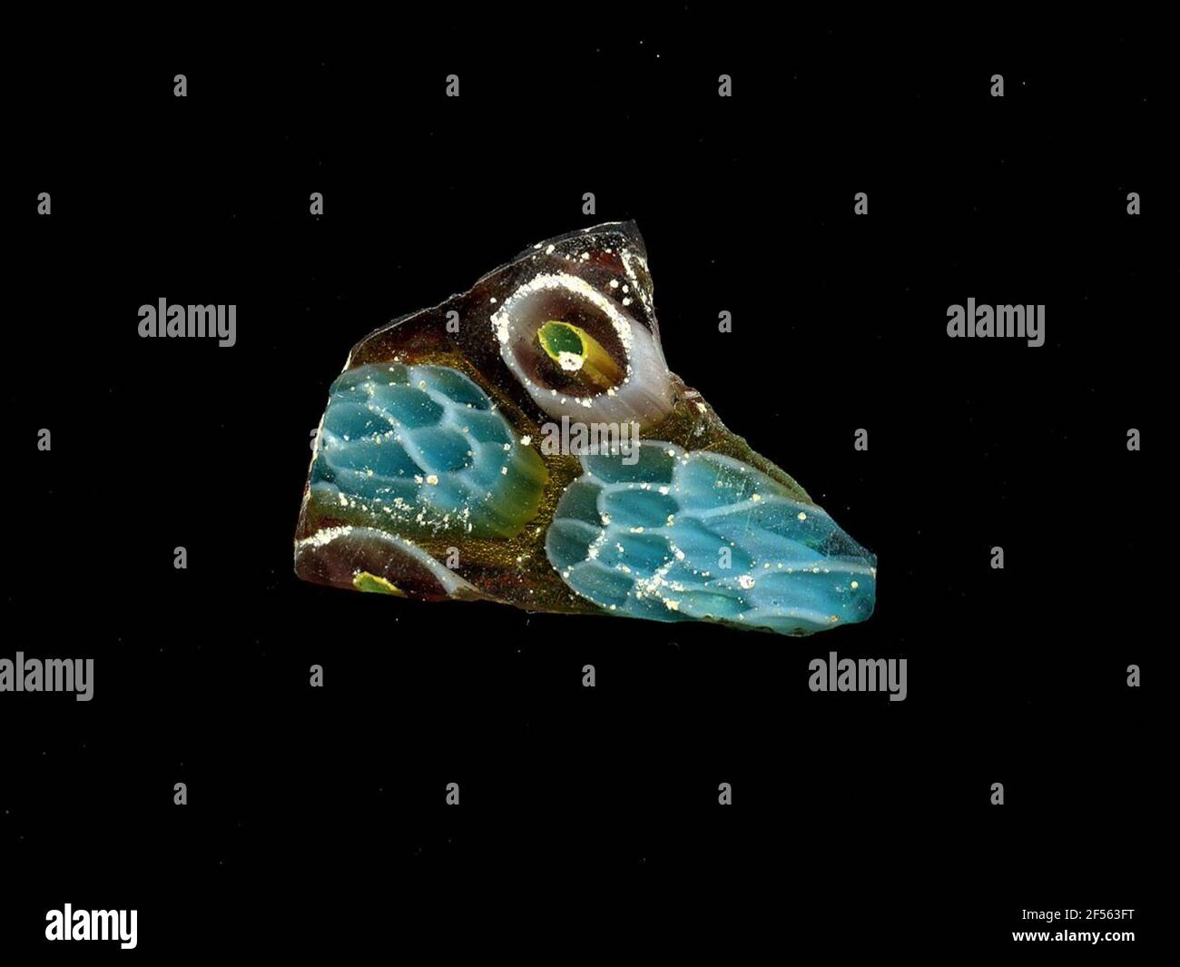 Fragment d'un vaisseau. Une faible courbure du fragment de verre permet l'affectation à un vaisseau, éventuellement à une coque. Sur un terrain violet avec jaune collé, deux formes de fleurs dans la technologie Millefiori peuvent être vues. On est simple, sous la forme de cercles concentriques dans la séquence de couleurs de l'intérieur vers l'extérieur bleu, jaune, violet et blanc. Au second, les fleurs sont composées de points bleu clair et entourent le blanc. Pour la production, des verres de différentes couleurs ont été moulés dans des tubes et des tiges. Elles étaient comprimées et chauffées, ce qui entraînait une longue barre. Le verre tranché ​​now avait différent amorphe Banque D'Images