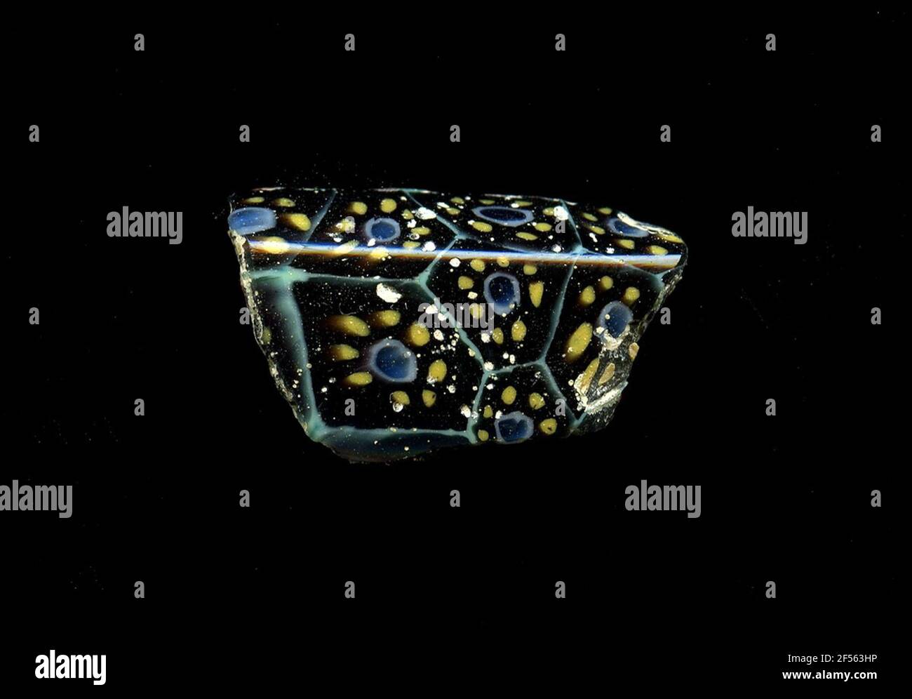 Fragment d'un vaisseau. Une faible courbure du fragment de verre permet l'affectation à un vaisseau, éventuellement à une coque. Sur le corps noir, les fleurs sont présentées dans la technologie millefiori, qui sont séparées par une grille de lignes turquoises rappelant les nids d'abeilles. Une fleur se compose d'un noyau bleu avec un contour blanc qui doit être disposé autour des points jaunes circulaires. Pour la production, des verres de différentes couleurs ont été moulés dans des tubes et des tiges. Elles étaient comprimées et chauffées, ce qui entraînait une longue barre. Le verre coupé en tranches de ​​now avait des motifs amorphes ou floraux différents. Par la suite, plusieurs de ces plaquettes ont été Banque D'Images