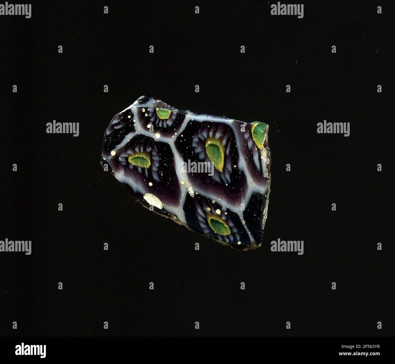 Fragment d'un vaisseau. Une faible courbure du fragment de verre permet l'affectation à un vaisseau, éventuellement à une coque. Sur la raison violette, plusieurs fleurs sont montrées dans la technologie millefiori, qui sont délimitées par un nid d'abeille blanc. Autour d'un cercle vert-jaune sont disposés de façon circulaire plusieurs petits points blancs marquant les pétales. Pour la production, des verres de différentes couleurs ont été formés en tubes et en tiges. Elles étaient comprimées et chauffées, ce qui entraînait une longue barre. Le verre coupé en tranches de ​​now avait des motifs amorphes ou floraux différents. Par la suite, plusieurs de ces plaquettes ont été repliées ensemble, AG chauffé Banque D'Images