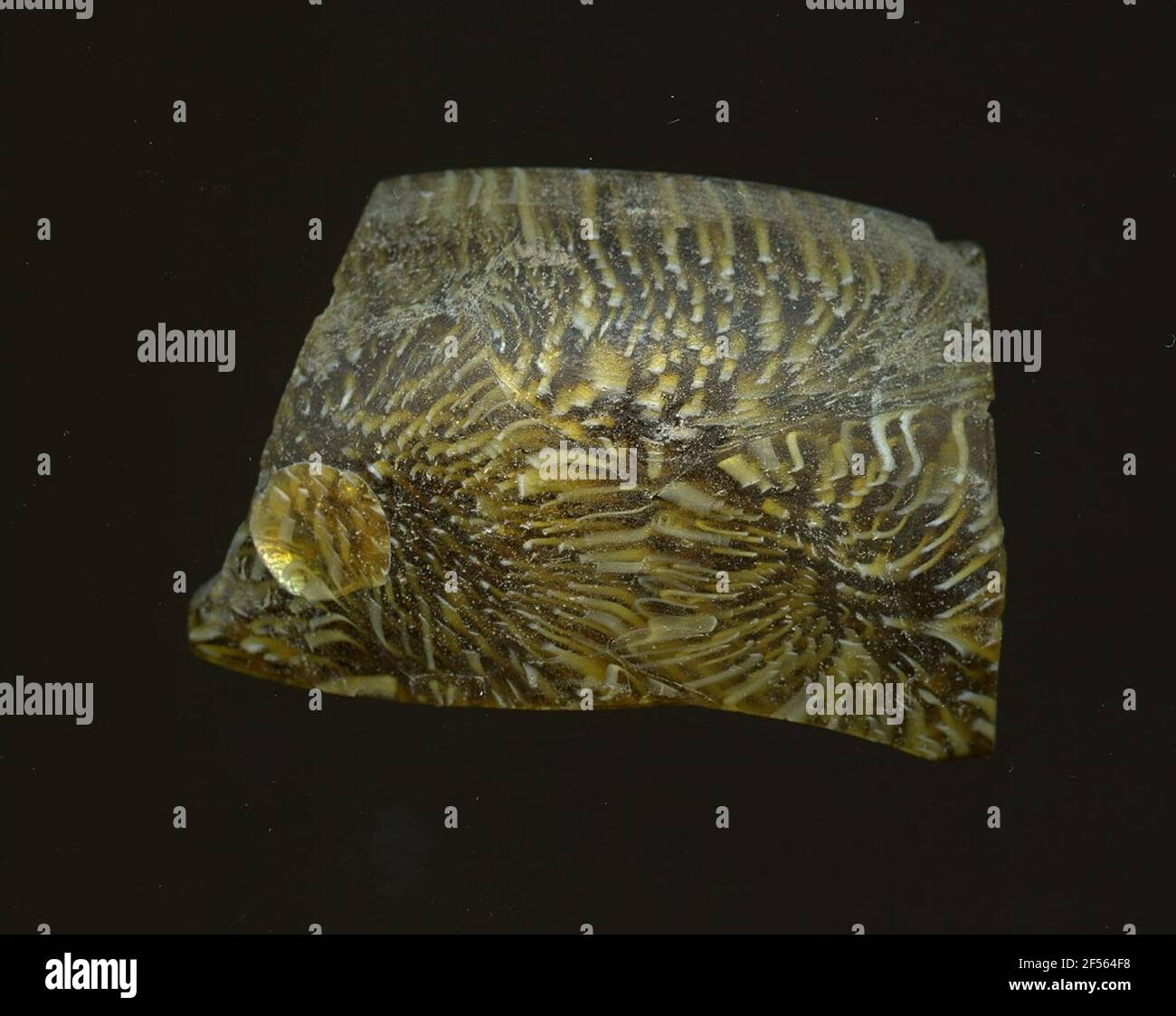 Fragment d'un vaisseau. Une faible courbure du fragment de verre permet l'affectation à un vaisseau, éventuellement à une coque. Le verre jaune ocre est blanc marbré, avec des cercles à certains endroits. Pour la production, des verres de différentes couleurs ont été formés en tubes et en tiges. Elles étaient comprimées et chauffées, ce qui entraînait une longue barre. Le verre coupé en tranches de ​​now avait des motifs amorphes ou floraux différents. Par la suite, plusieurs de ces plaquettes ont été repliées ensemble, réchauffées à nouveau et pressées en forme vasculaire. Burry pour le processus de fabrication élaboré et sa fragilité a été l'un des articles de luxe de l'antiquit Banque D'Images