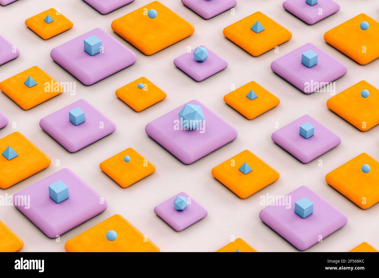 Pyramides bleues, cubes et icosaèdre platonique sur fond orange et violet - rendu 3D abstrait Banque D'Images