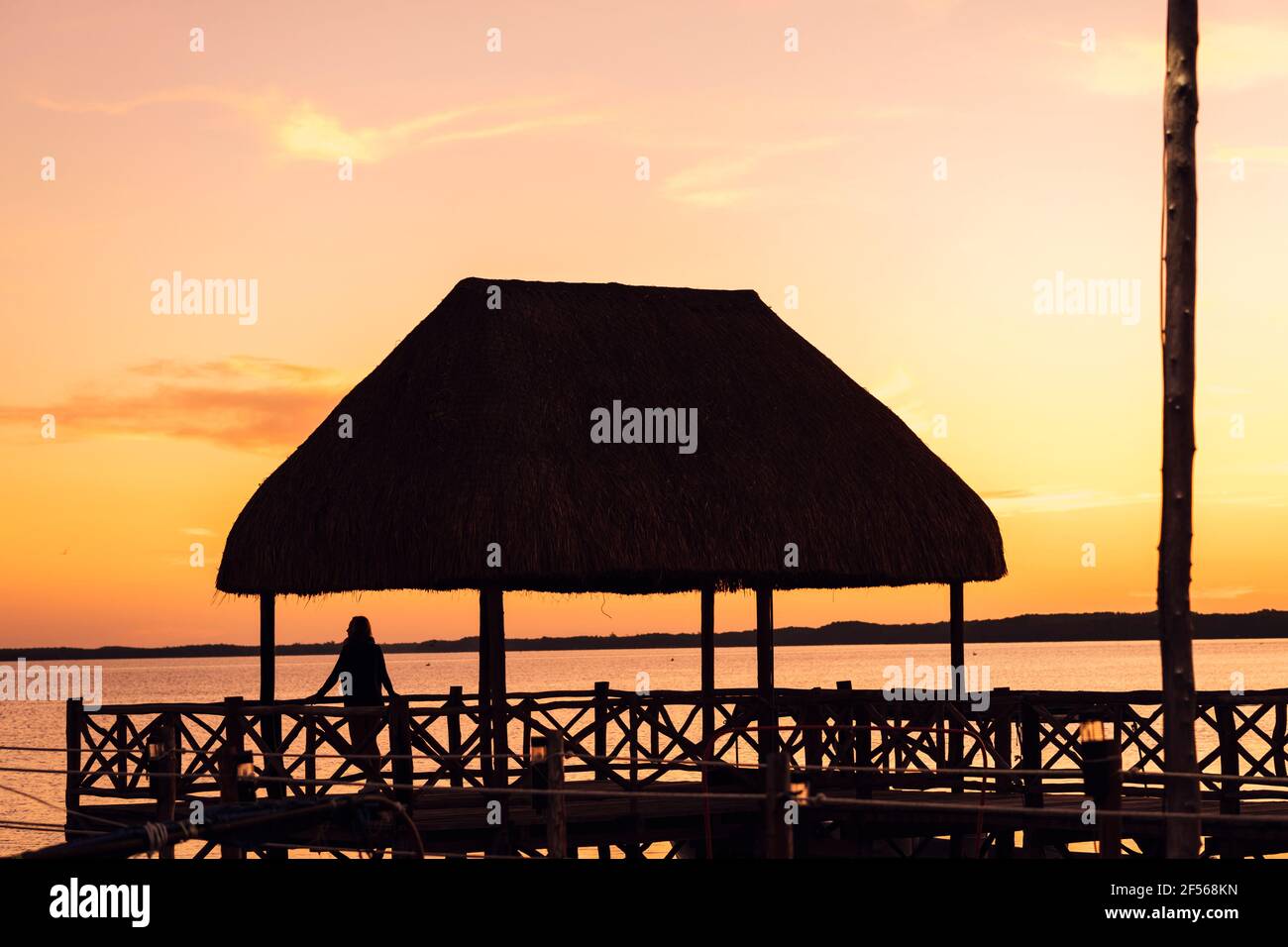 Silhouette femme debout sur la jetée regardant la vue pendant le coucher du soleil Banque D'Images