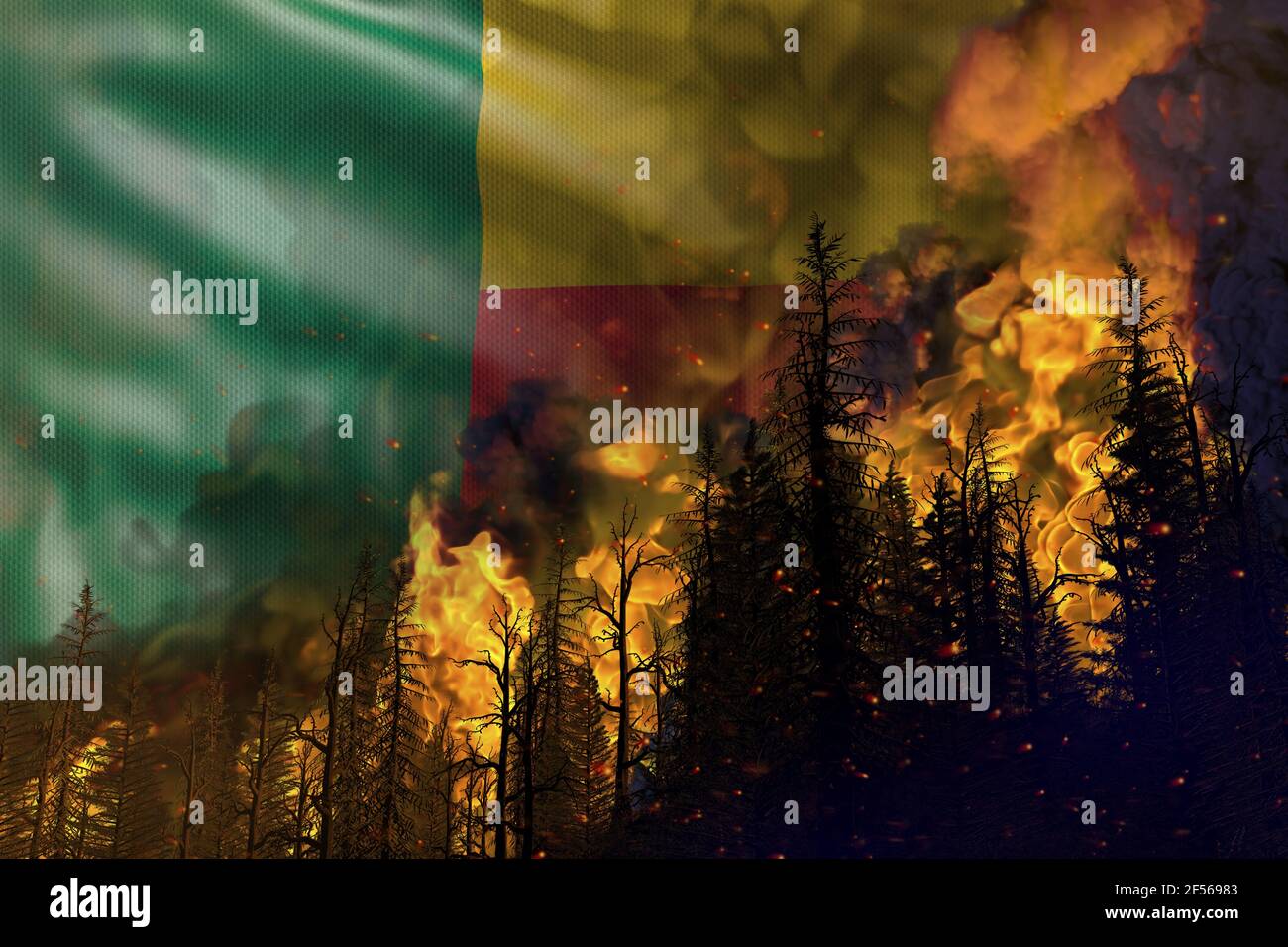 Concept de lutte contre les incendies de forêt, catastrophe naturelle - incendie dans les bois sur fond de drapeau du Bénin - illustration 3D de la nature Banque D'Images Concept de lutte contre les incendies de forêt, catastrophe naturelle - incendie dans les bois sur fond de drapeau du Bénin - illustration 3D de la nature Banque D'Images