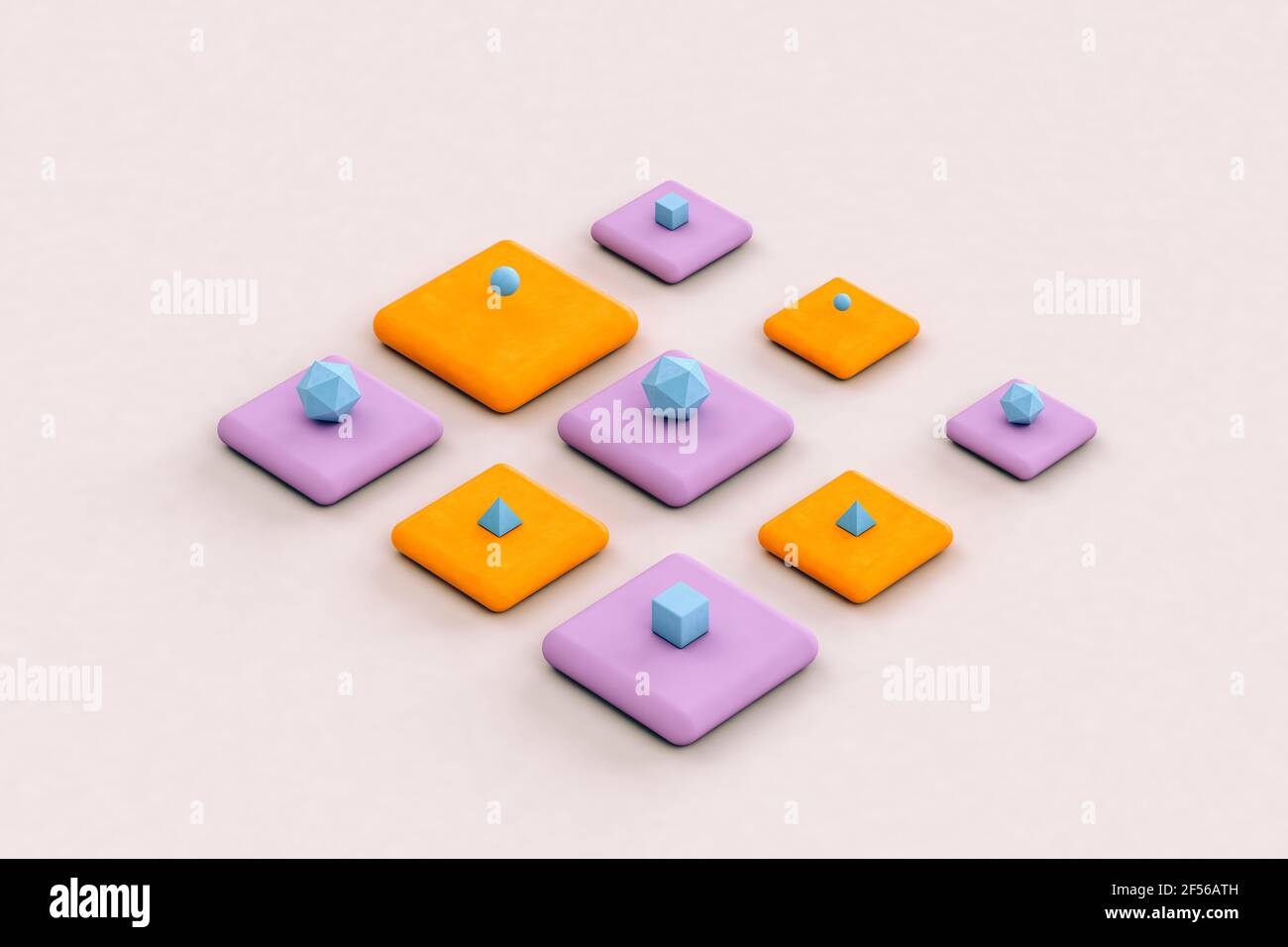Pyramides bleues, cubes et icosaèdre platonique sur fond orange et violet - rendu 3D abstrait Banque D'Images