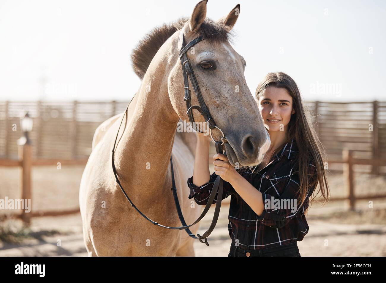 Mignon cheval marron joyeusement passer du temps avec son propriétaire, femme jockey prenant soin de l'animal sur la ferme de campagne, animal de compagnie de petting et sourire insouciant, profiter du cheval Banque D'Images