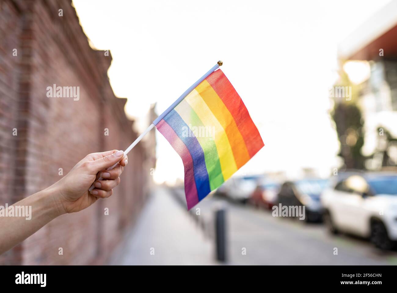 Main tenant le drapeau arc-en-ciel LGBTQI Banque D'Images
