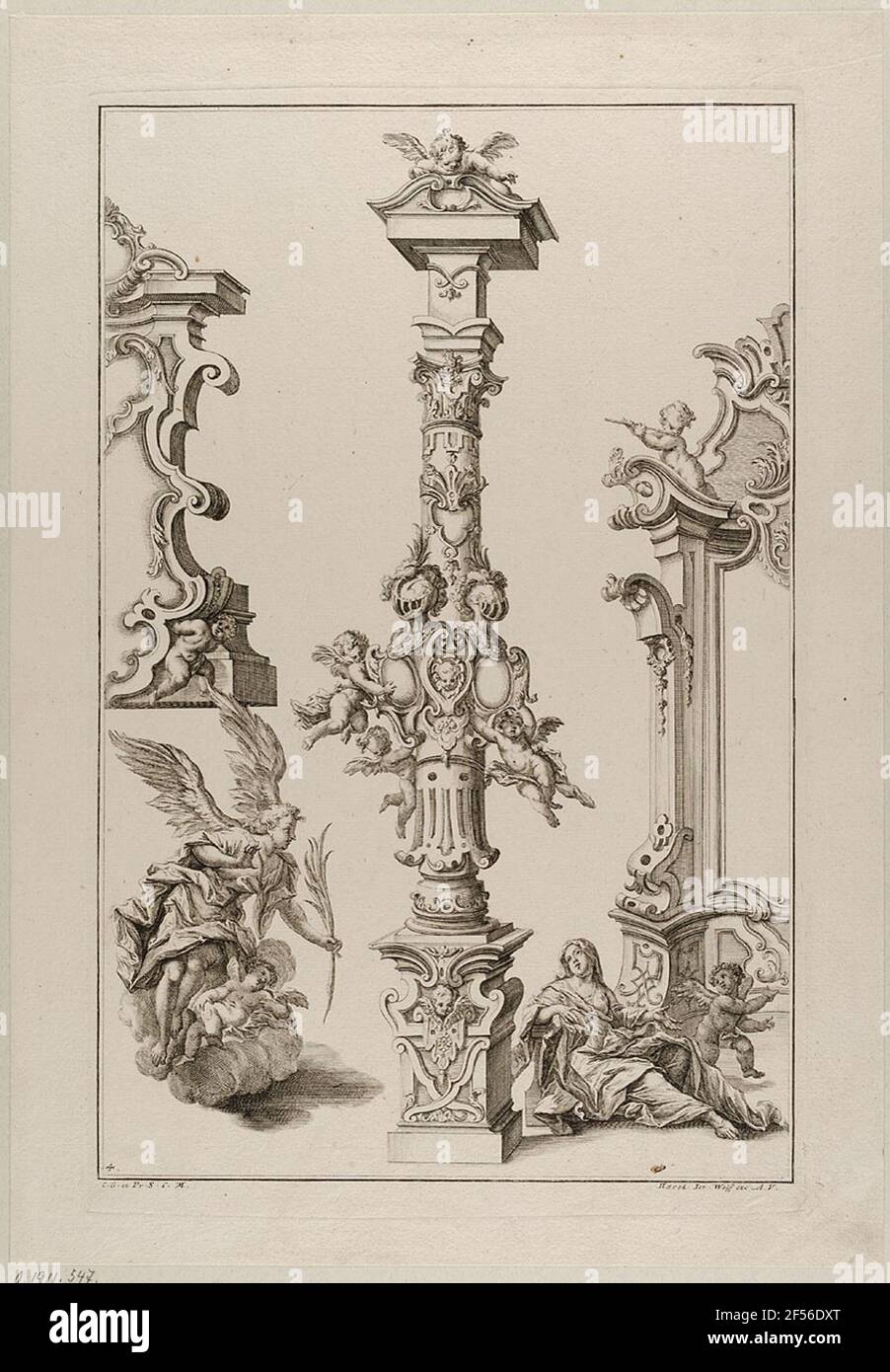 Pilier et deux cadres, feuille 4 de l'épisode 'Gantz nouvelles colonnes très bénéfice et autres ornements". Feuille 4 de l'épisode 'Gantz New très bien. Colonnes et autres ornements de Joh. Andr. Bergmüller inventent. Et dessiné. Ext. Haered. Ierem. Wolffen dans Augspunge ... Iacob Andreas Friedrich Sculpt. Banque D'Images