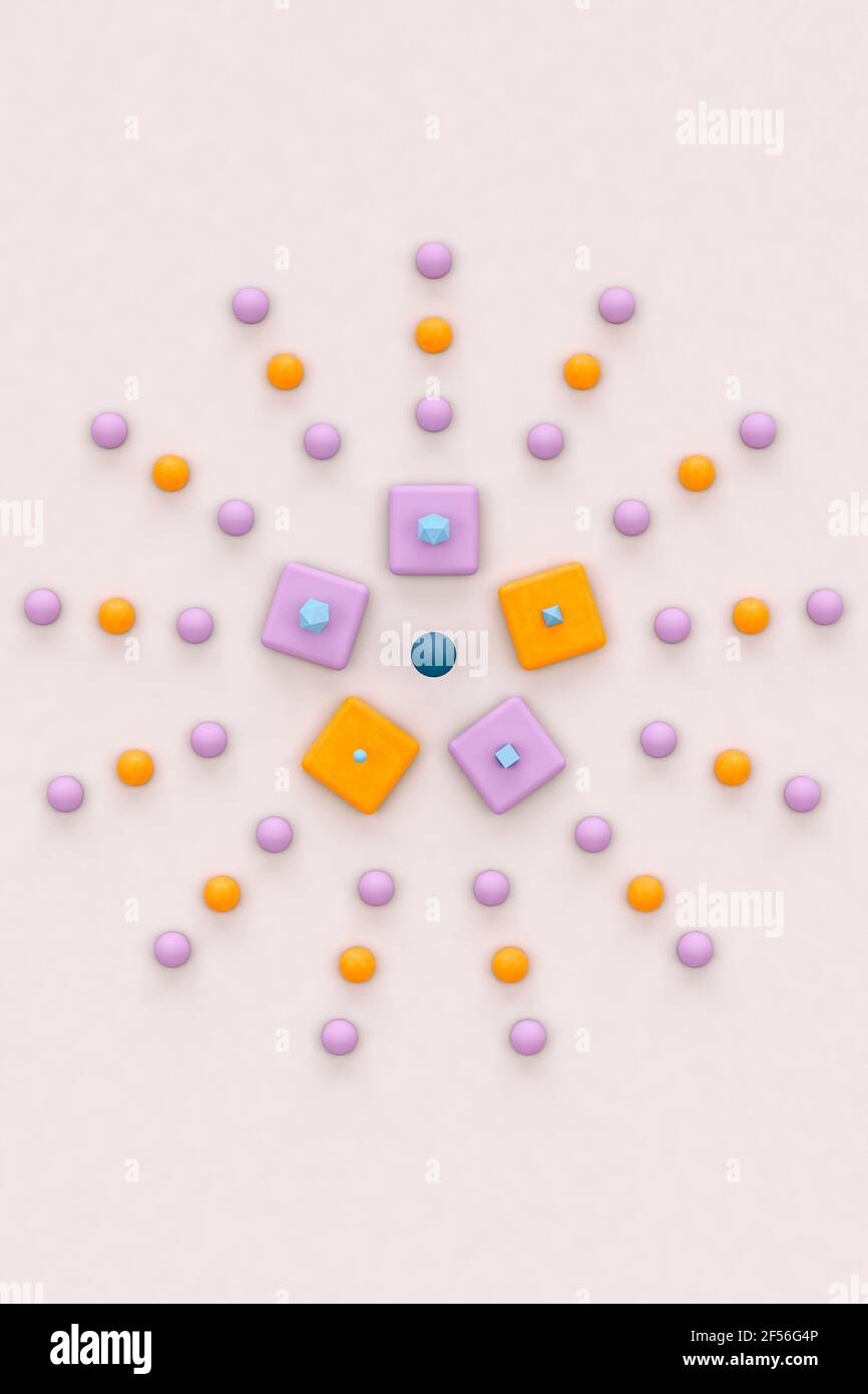 Pyramides bleues, cubes et icosaèdre platonique sur fond orange et violet - rendu 3D abstrait Banque D'Images