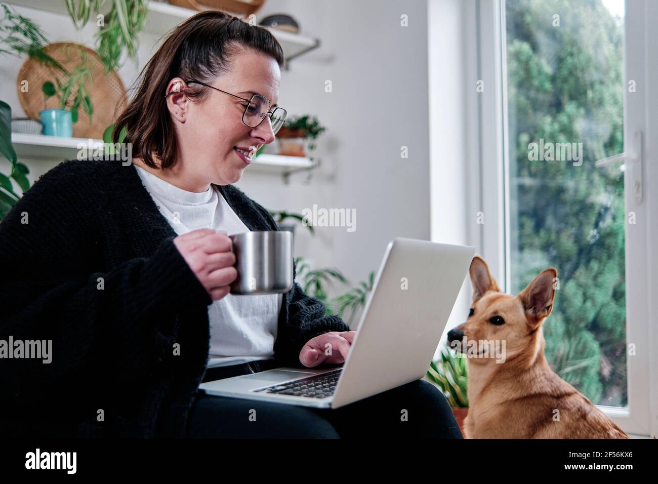 Femme mûre avec une tasse de café travaillant sur ordinateur portable par Posenco chien à la maison Banque D'Images