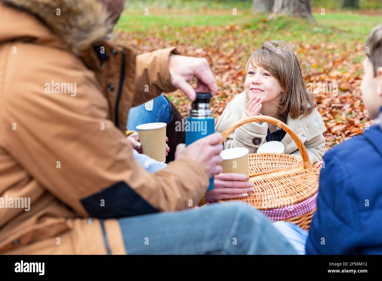 Fille souriant assis en famille dans la forêt Banque D'Images