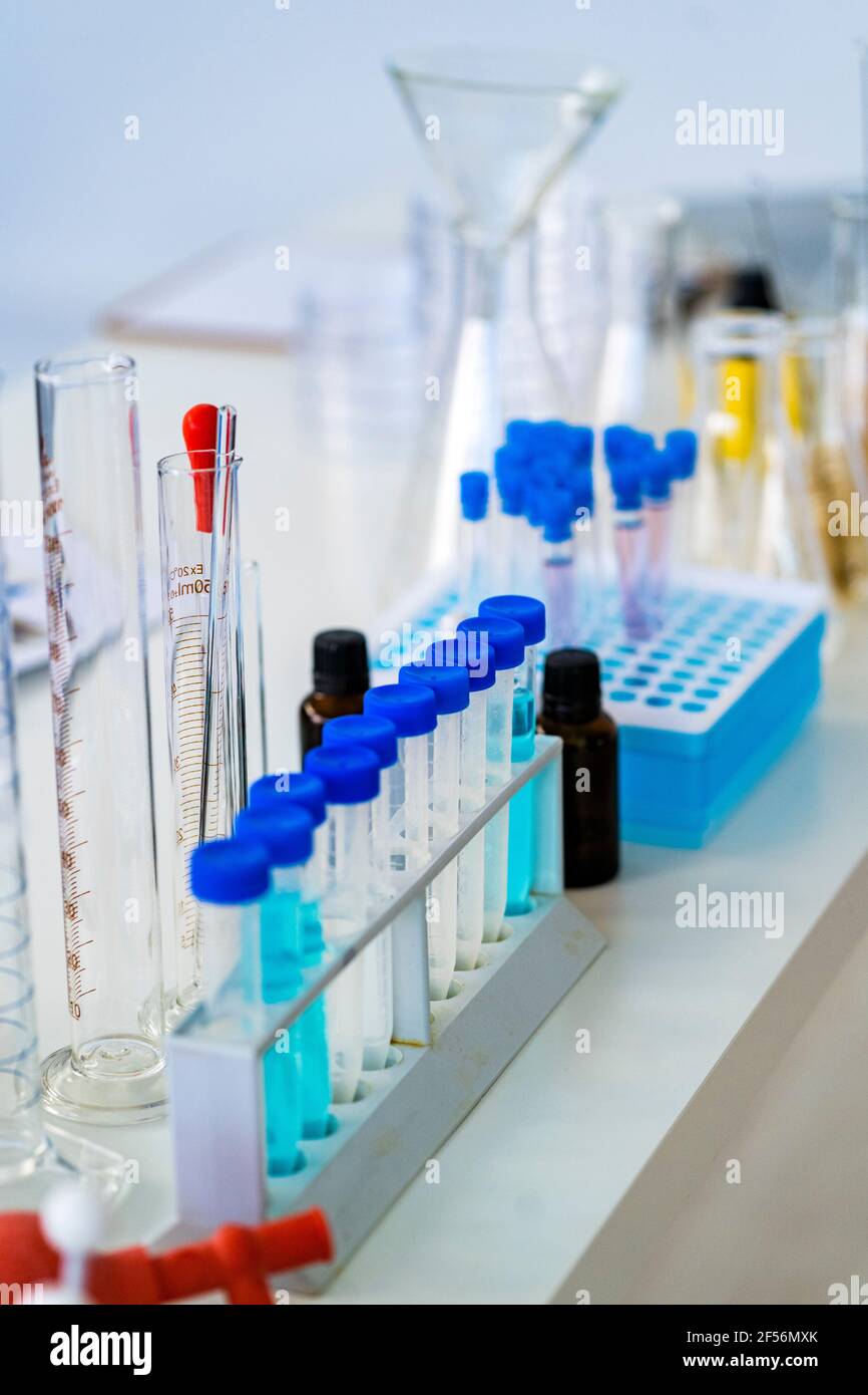 Équipement de laboratoire disposé sur une table Banque D'Images