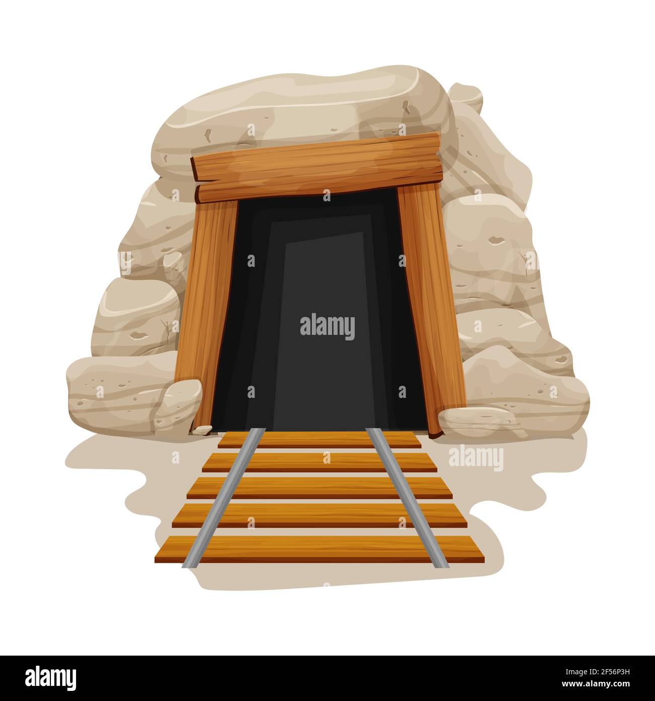 Mine entrée grotte avec chemin de fer dans le style de dessin animé isolé sur fond blanc. Roche, arbre de pierre avec planches en bois. Tunnel texturé abandonné. . VEC Illustration de Vecteur
