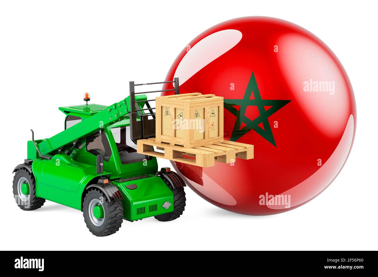 Drapeau marocain avec chariot télescopique et colis. Transport de fret au Maroc concept, rendu 3D isolé sur fond blanc Banque D'Images