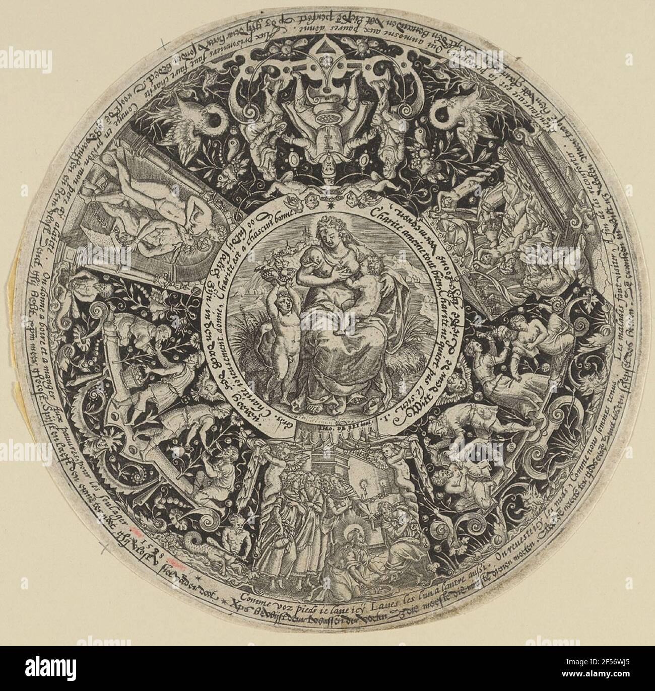 Plancher de coquillages avec le médaillon DE CARITAS, entouré par les sept œuvres de miséricorde. . Banque D'Images