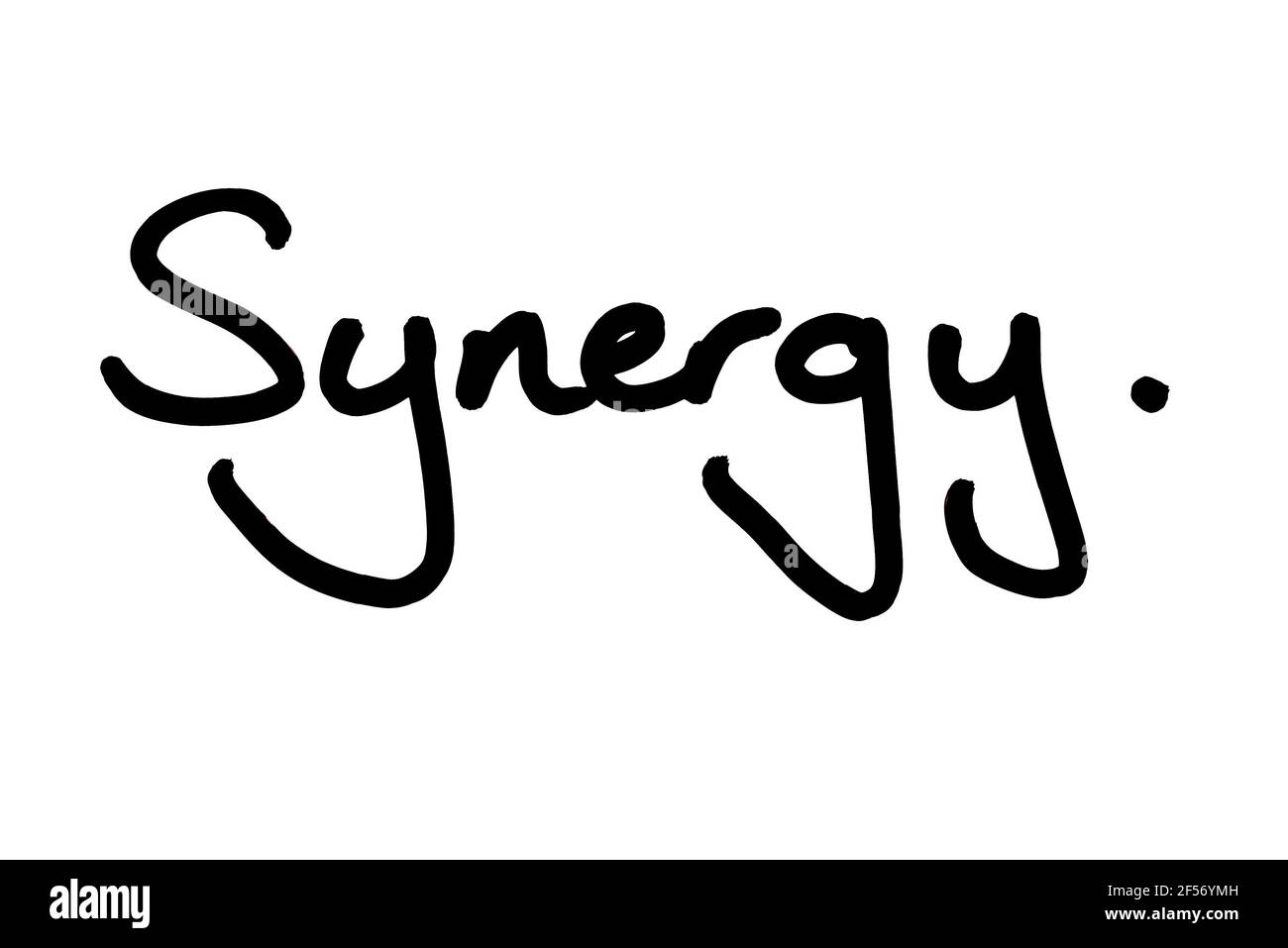 Synergy, manuscrit sur fond blanc. Banque D'Images