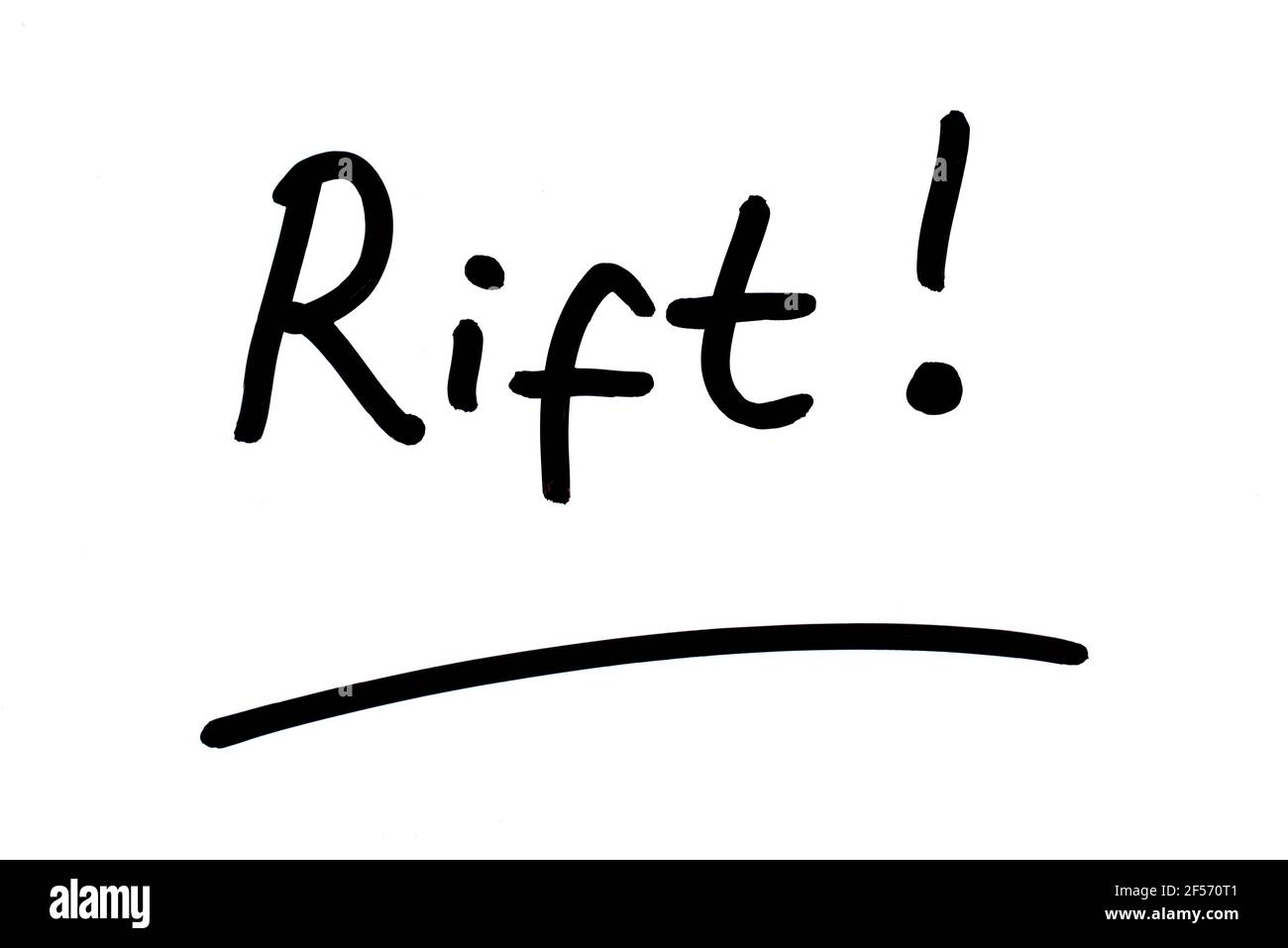 Le mot Rift! manuscrit sur fond blanc. Banque D'Images