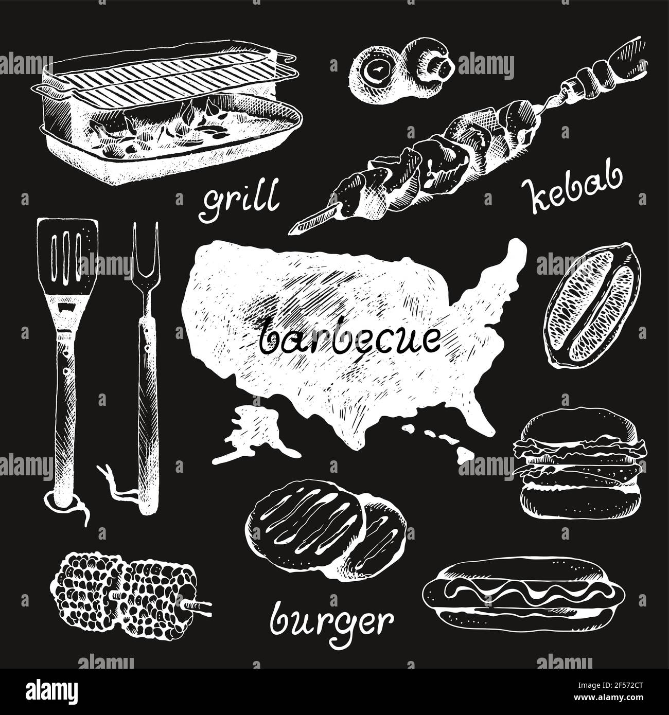 Ensemble d'objets barbecue, style gravé d'esquisse, illustration vectorielle Illustration de Vecteur