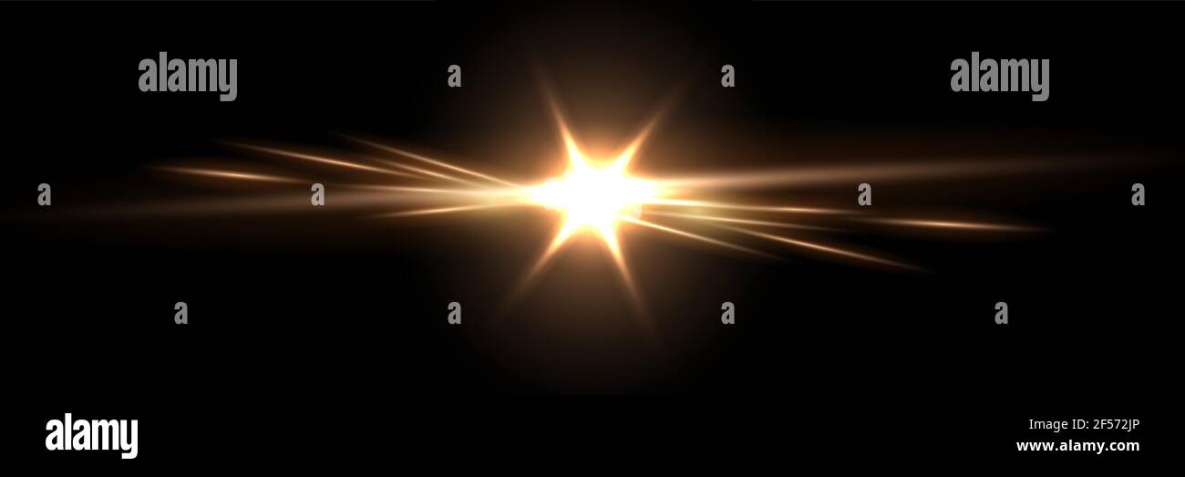 Lumière dorée sur fond noir horizontal. Illustration de vecteur brillant Golden Bright SPARGun. Flash de lumière avec faisceaux de rayons dans l'espace. Espar soleil Illustration de Vecteur