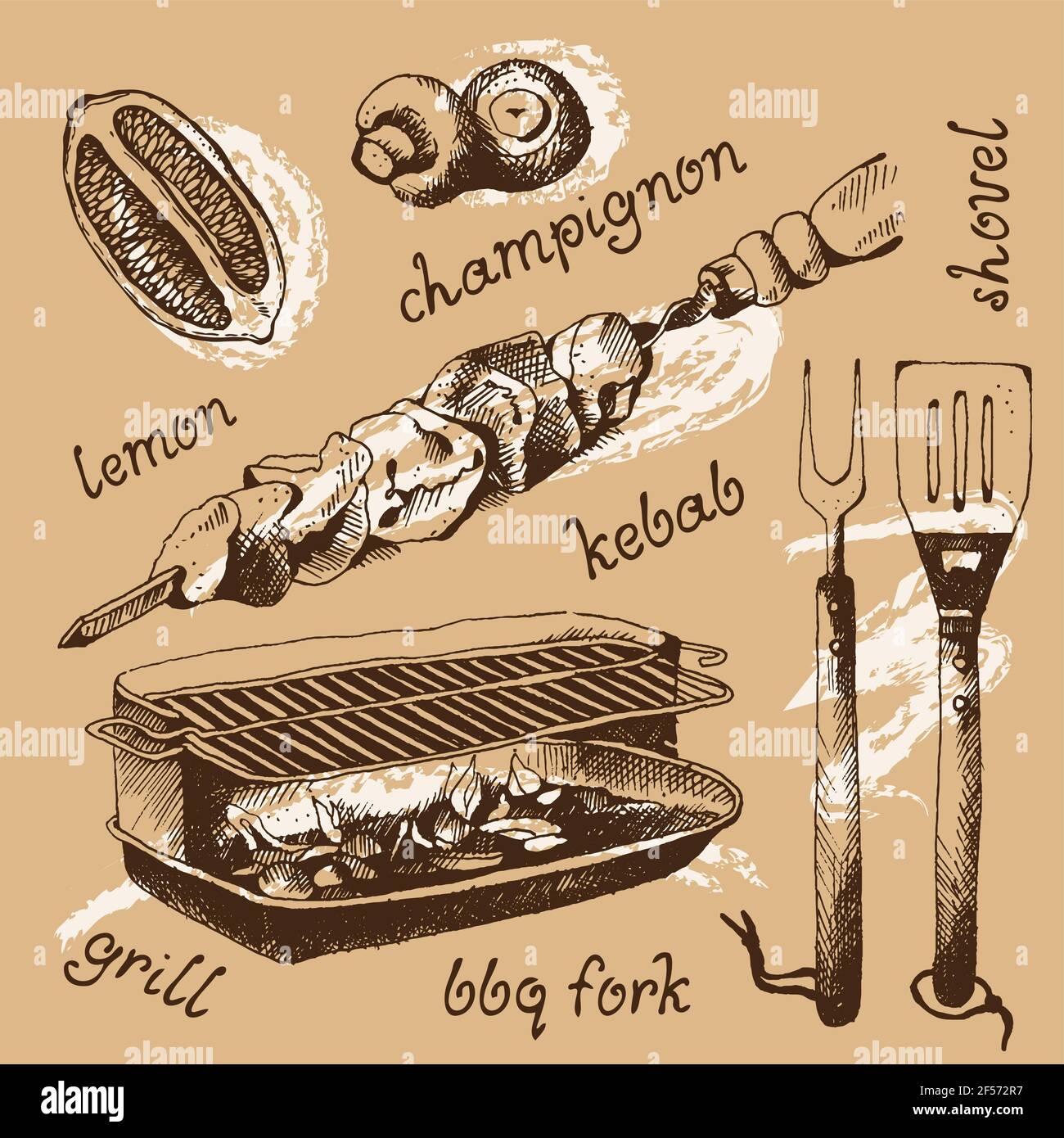 Ensemble d'objets barbecue, style gravé d'esquisse, illustration vectorielle Illustration de Vecteur