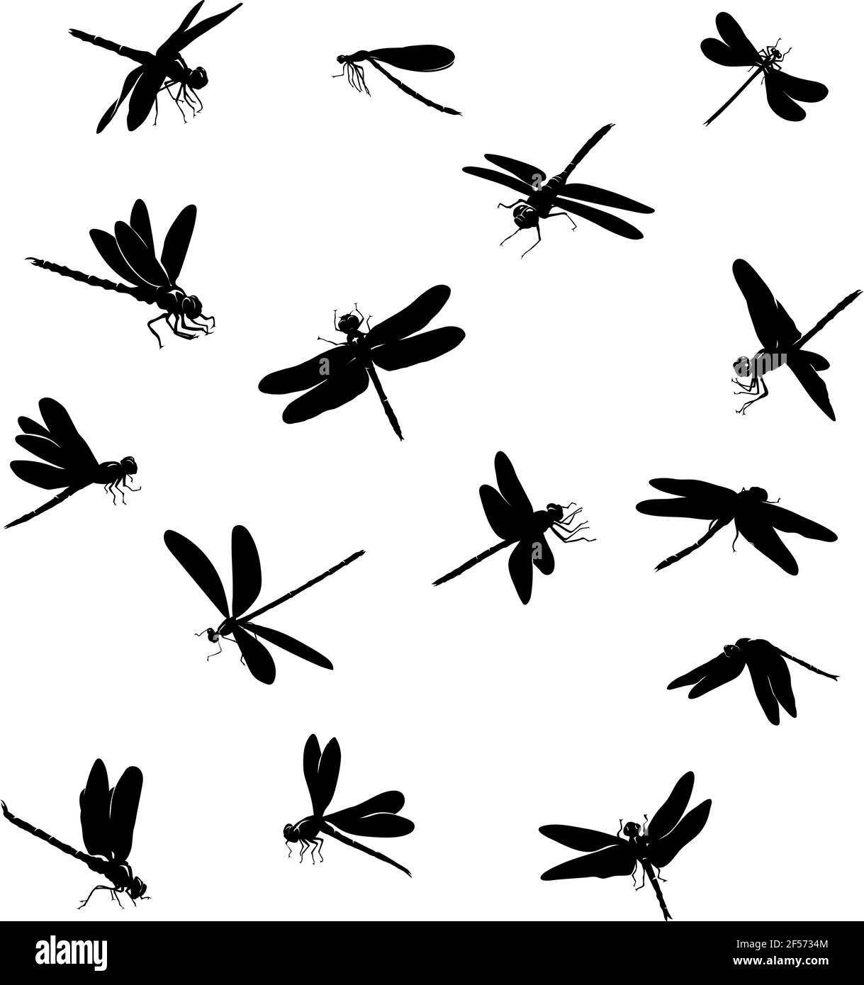 libellule, insecte, diverses poses, mouvements et prétentations de figures, noir, silhouette noire, motif Illustration de Vecteur
