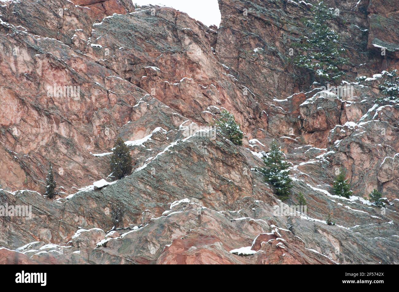 Tempête de neige à la fin du printemps au parc Garden of the Gods, Colorado Springs, Colorado Banque D'Images
