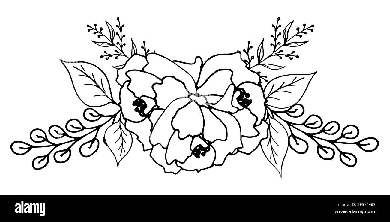 Une couronne de fleurs de pivoines, de feuilles, de brindilles de saule sur fond blanc. Illustration vectorielle linéaire Spring pour les publications de logo, de bannière et de réseaux sociaux Illustration de Vecteur