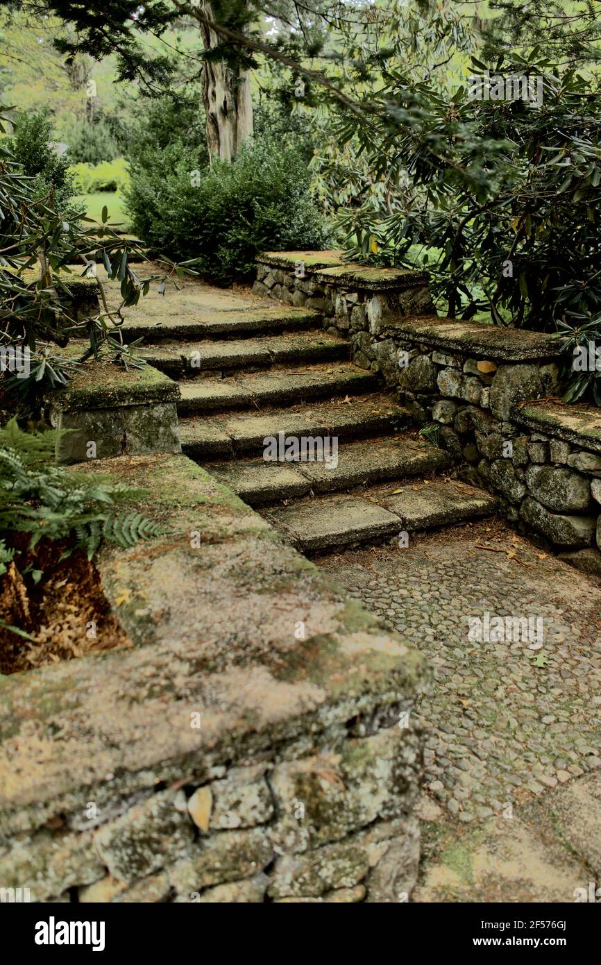 Des marches en pierre dans le graden formel à Greenwood Gardens à Millburn, NJ, États-Unis Banque D'Images