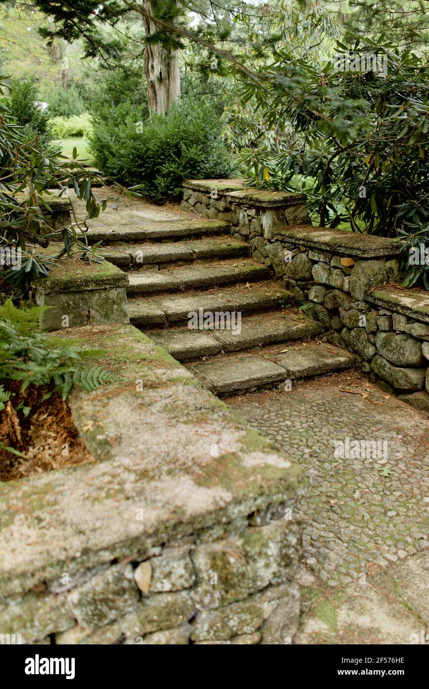 Des marches en pierre dans le graden formel à Greenwood Gardens à Millburn, NJ, États-Unis Banque D'Images
