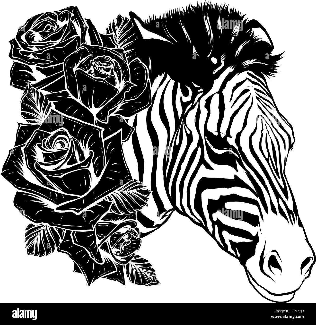 silhouette noire de zèbre à tête avec roses Illustration de Vecteur
