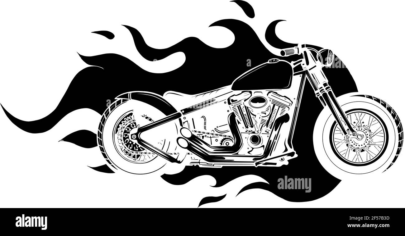 silhouette noire d'une moto brûlante au feu qui explose des étincelles Illustration de Vecteur