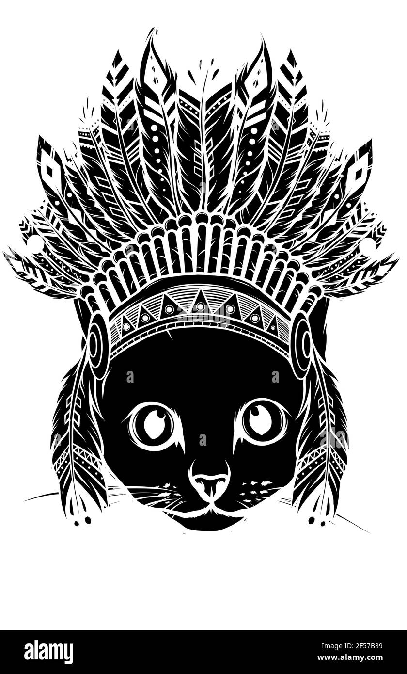 Silhouette noire de la tête de chat avec le vecteur chapeau indien Illustration de Vecteur