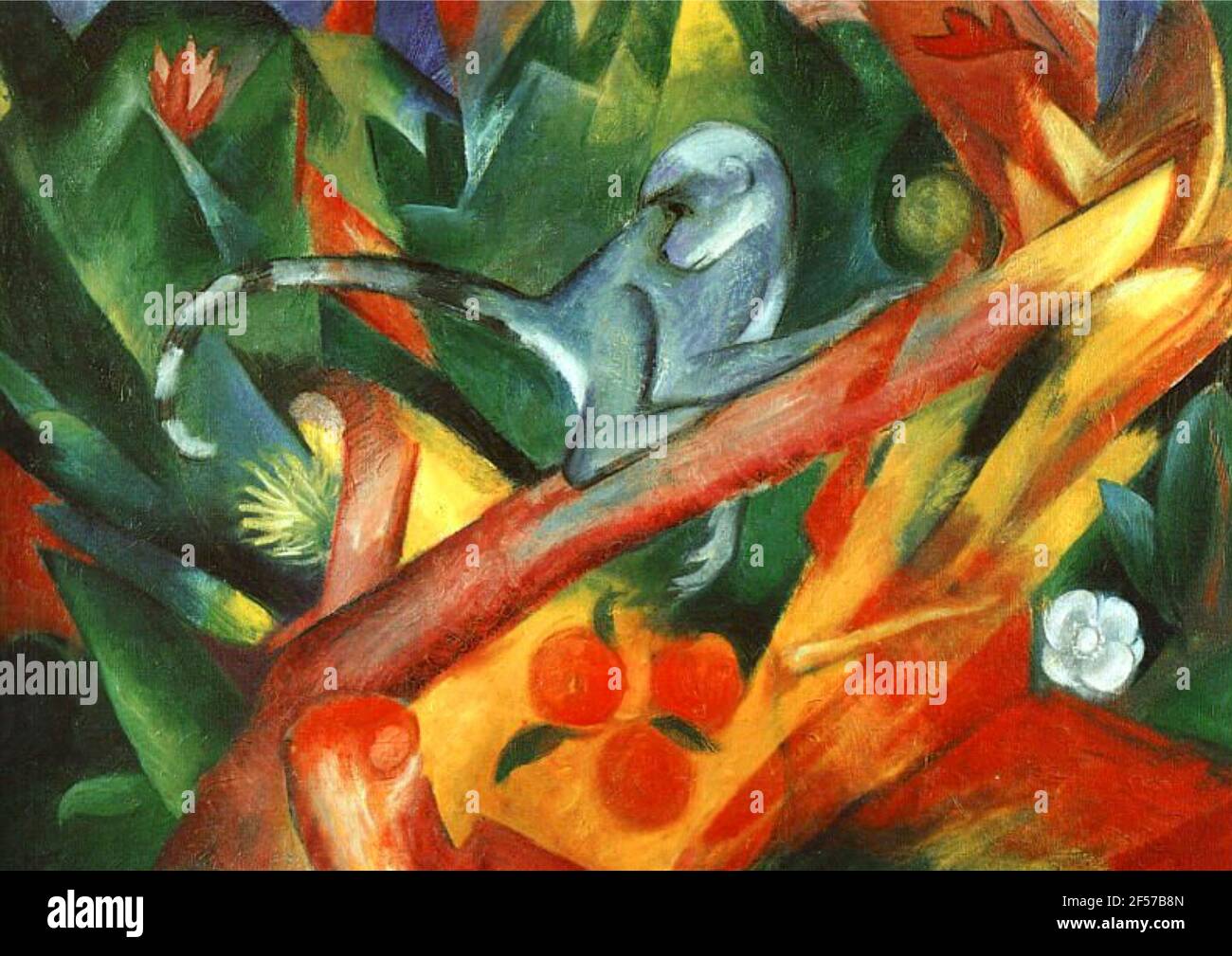 Œuvre d'art Franz Marc intitulée The Monkey. Un singe dans un paysage arborescent coloré. Banque D'Images