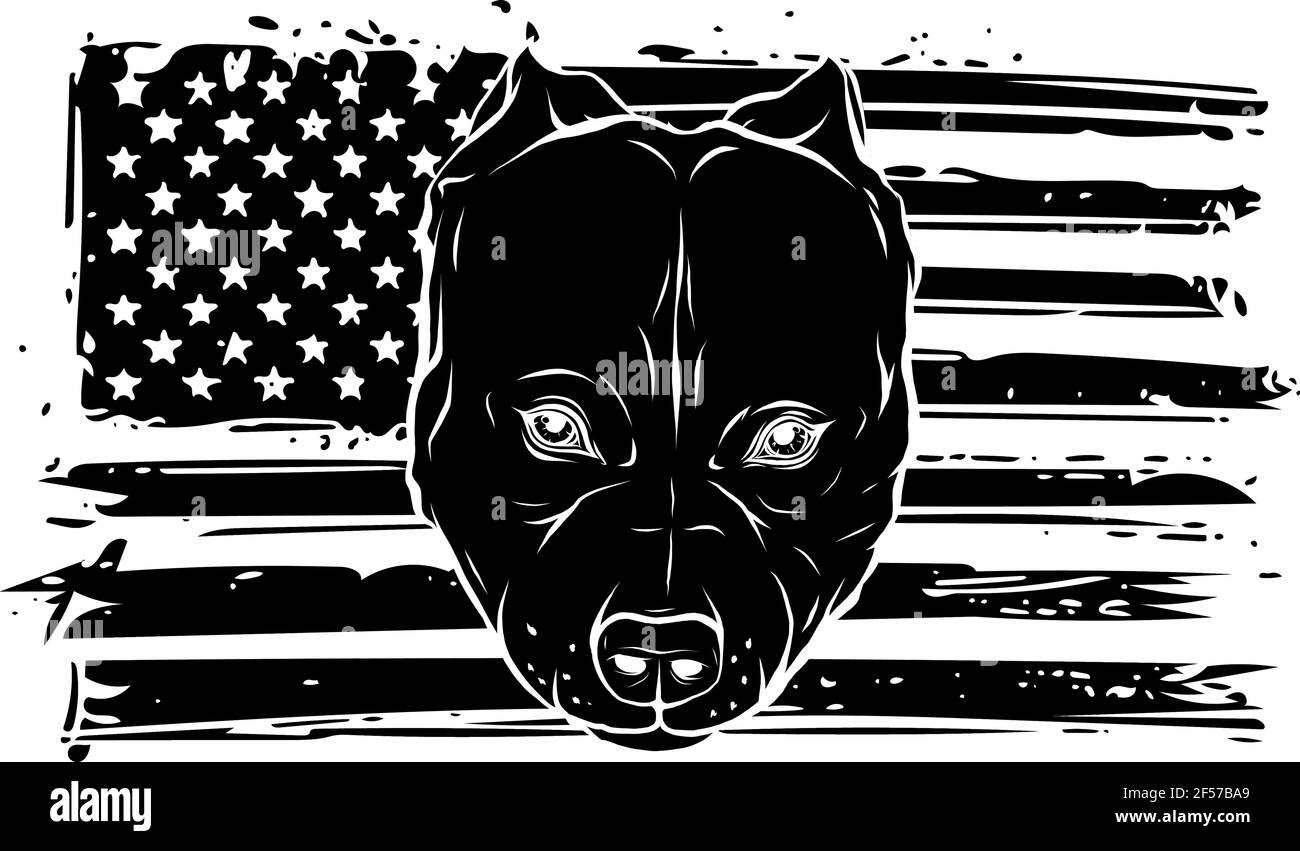 Silhouette noire de la tête de chien Bully agressif avec américain drapeau Illustration de Vecteur