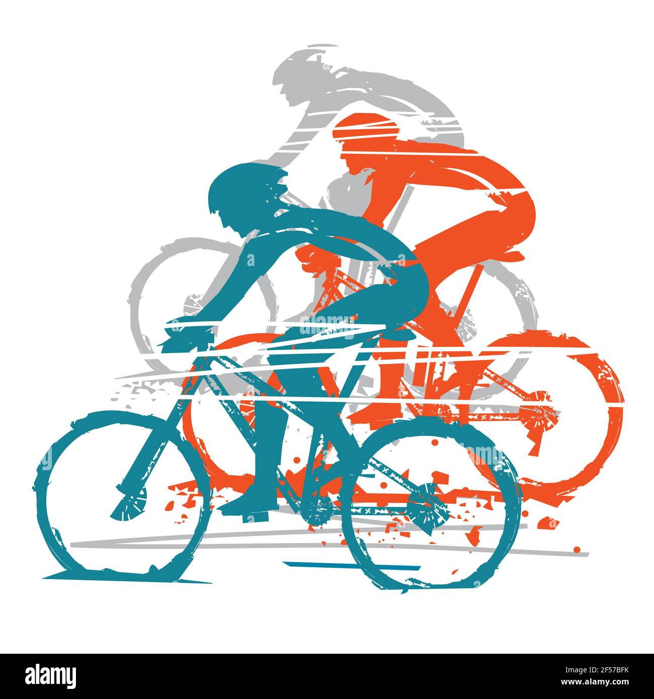 Trois cyclistes, compétition, expressif stylisé. Cyclistes à pleine vitesse. Imitation de dessin à la main. Isolé sur fond blanc. Illustration de Vecteur