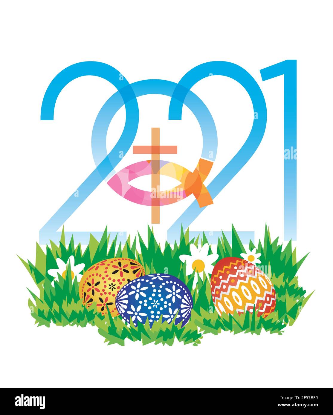 Joyeuses Pâques 2021 avec des poissons chrétiens. Année 2021 avec le symbole de poisson de Jésus et les oeufs de pâques sur un pré.Vector disponible. Illustration de Vecteur