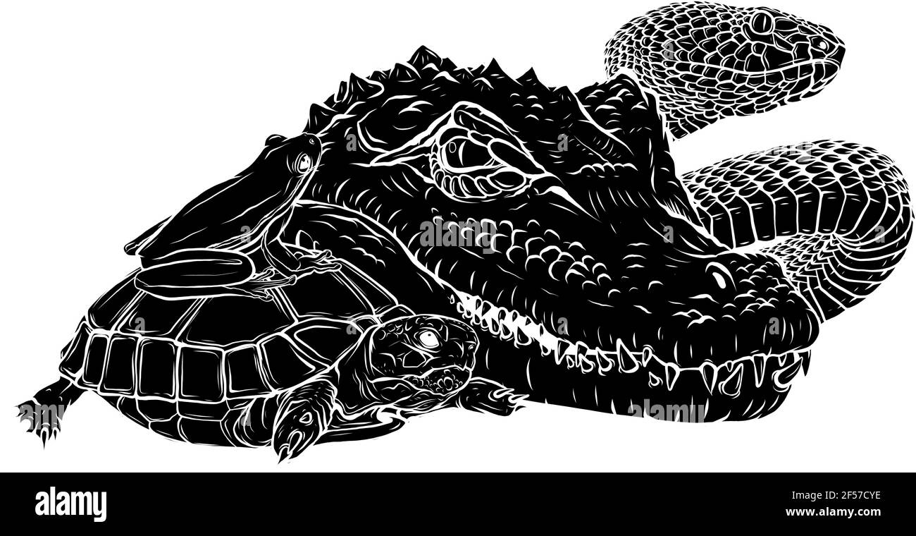 silhouette noire de reptiles et d'amphibiens. Crocodile sauvage, serpent, tortue et grenouille Illustration de Vecteur