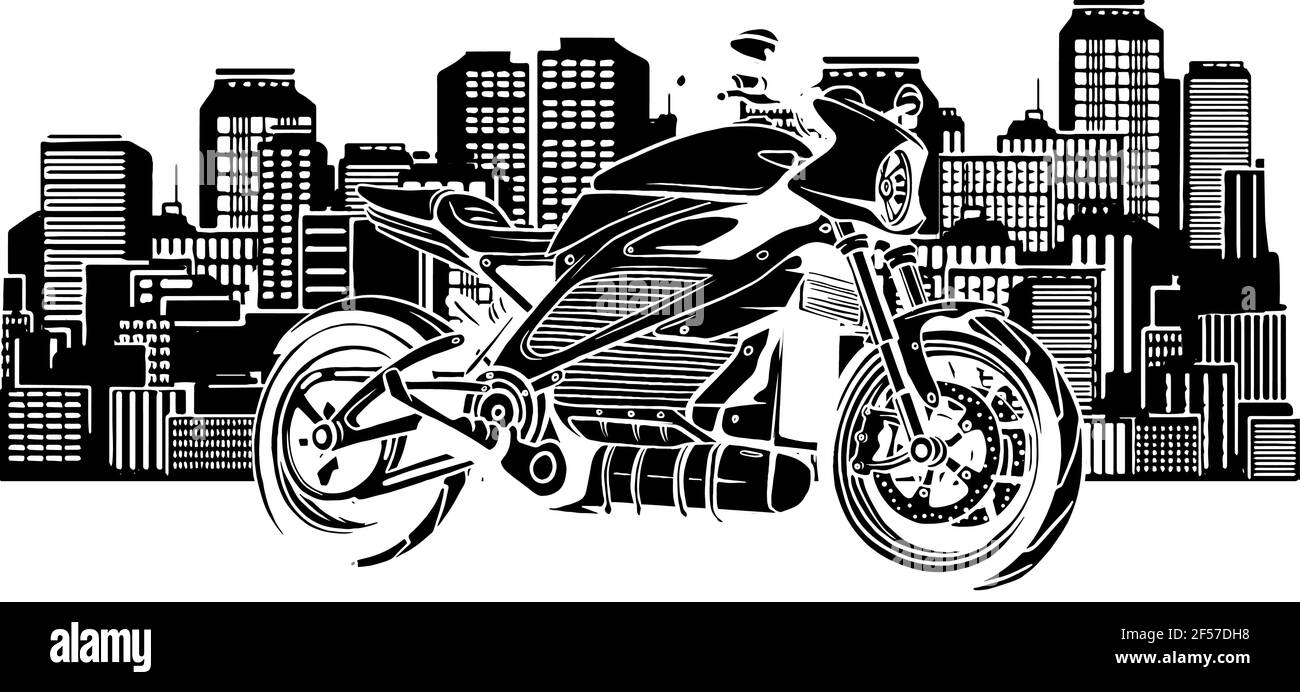 silhouette noire de paysage urbain avec illustration de vecteur de moto rapide Illustration de Vecteur