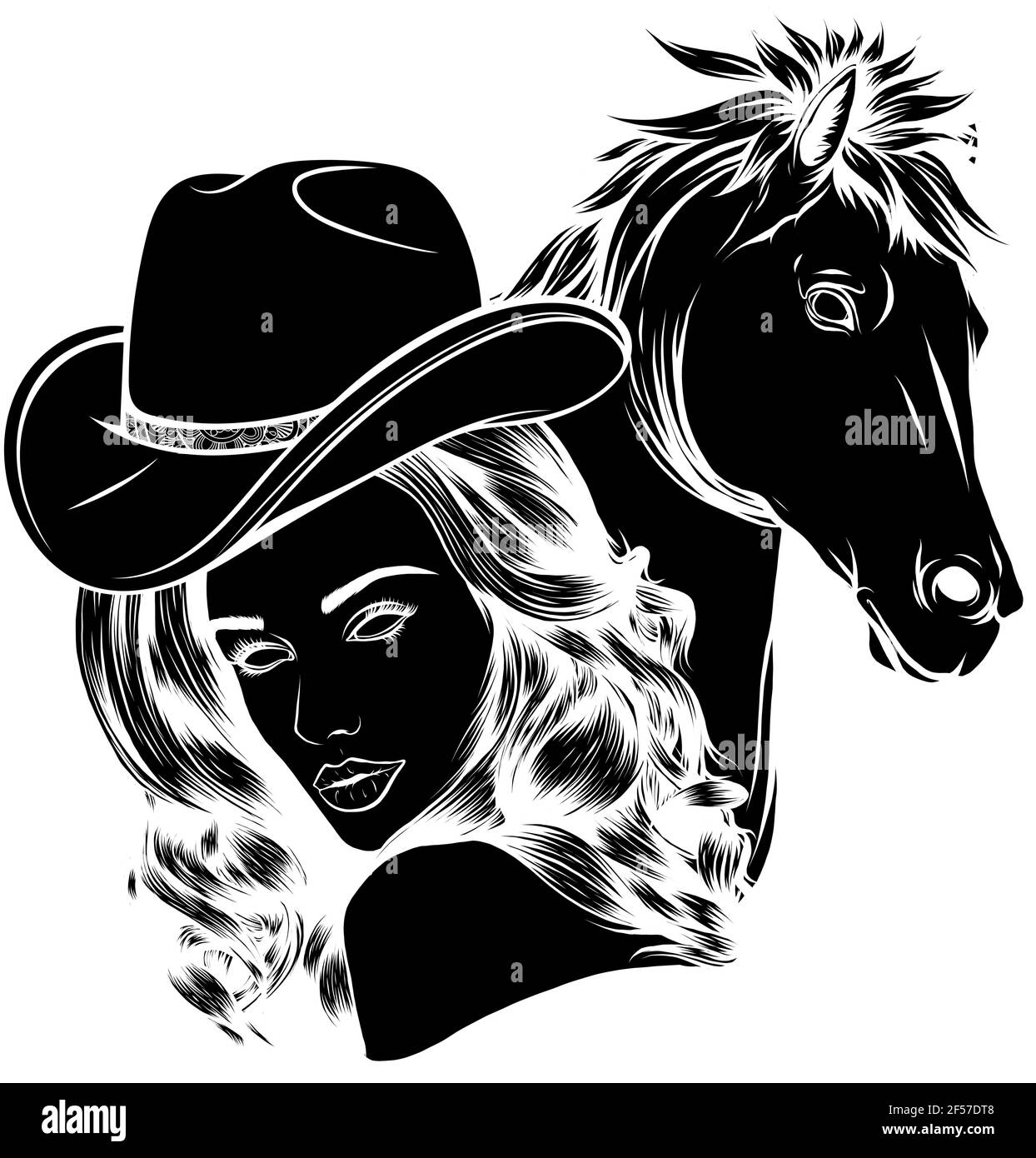 silhouette noire de fille vêtue comme un cow-boy avec un cheval Illustration de Vecteur