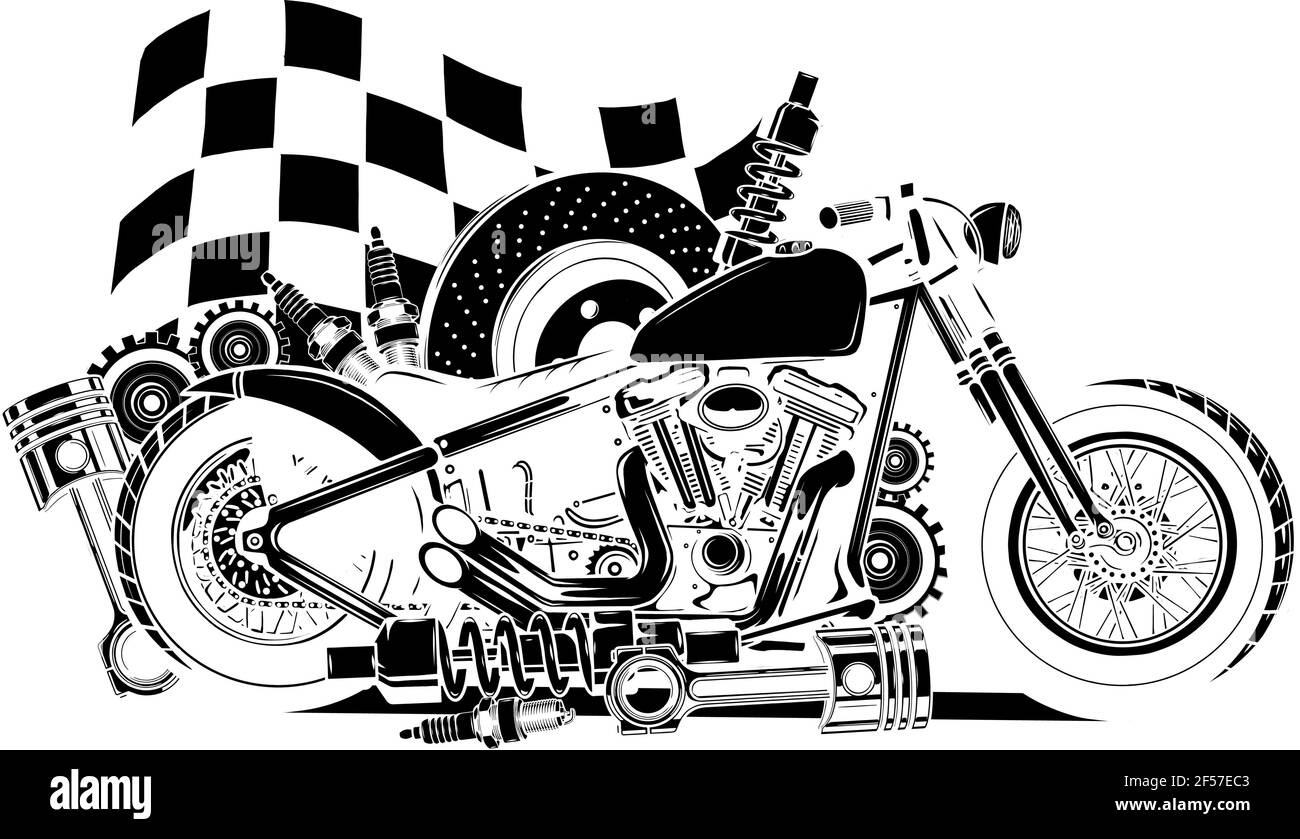 Silhouette noire de la moto Vector avec pièces de rechange et drapeau de course Illustration de Vecteur